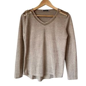 Gold Sequin-Shoulder Beige Long Sleeve Top, Small